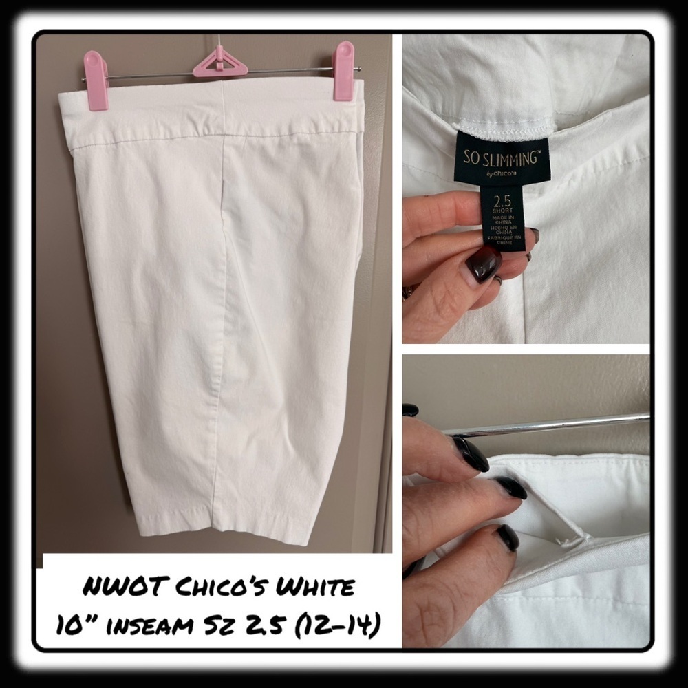 NWOT Chicos So Slimming white flat front shorts 2.5 (equiv 12-14). Inseam 10”
